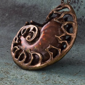 Ammonite Reliquary - Fossil Red Opal Ammonite in Bronze or Silver
