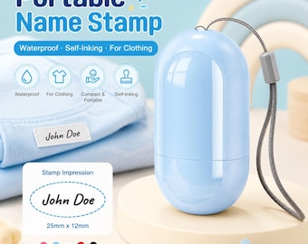 Custom Name Stamp for Clothing – Self-Inking, Waterproof, UK Made (25x12mm)