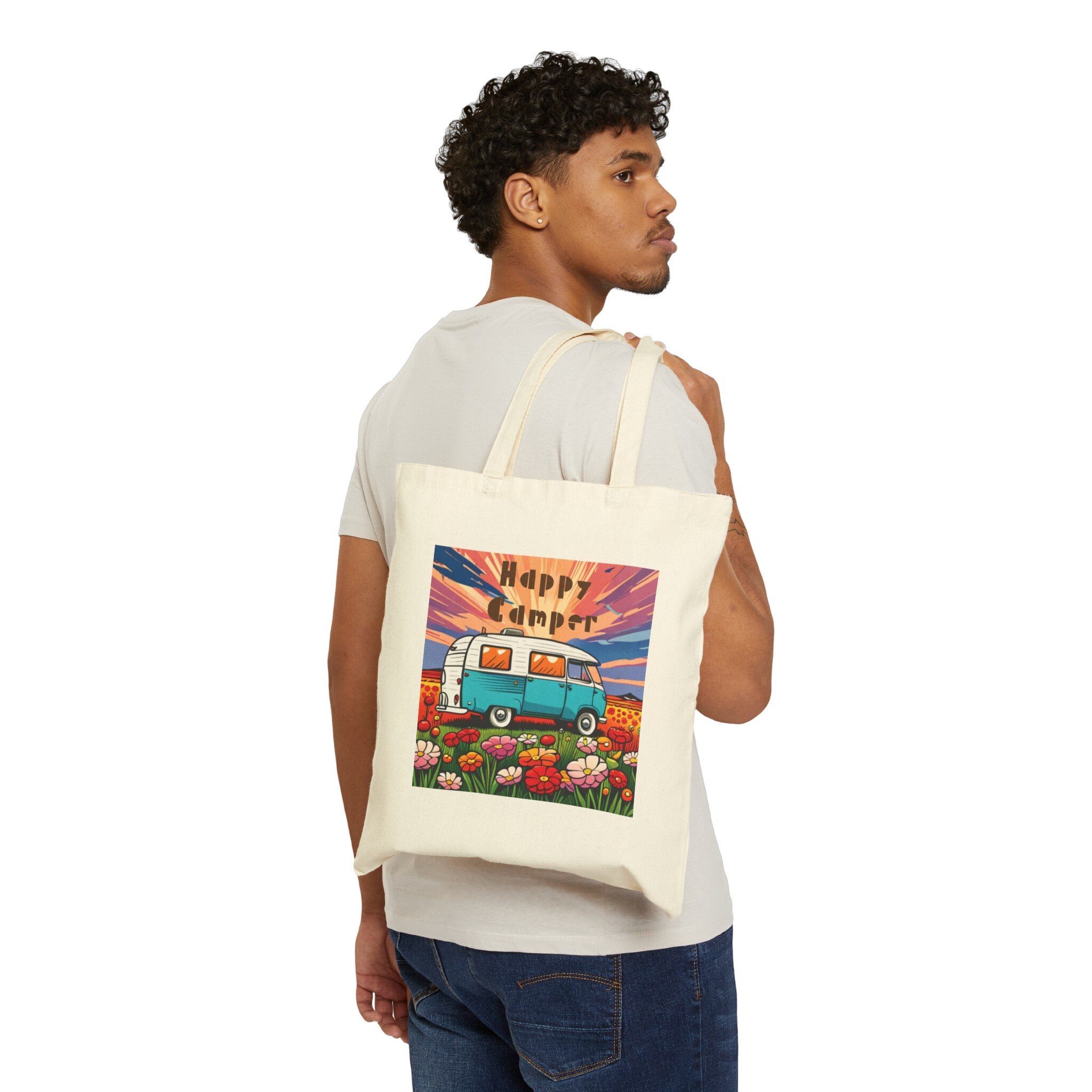 【PORTERNA】Camper tote bag Happy Camper Tote Bag, Retro Camper Tote, Cotton Canvas Tote