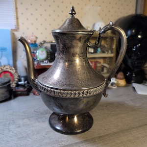 May include: A silver teapot with a decorative design around the base. The teapot has a round body and a curved spout. The handle is attached to the side of the teapot.
