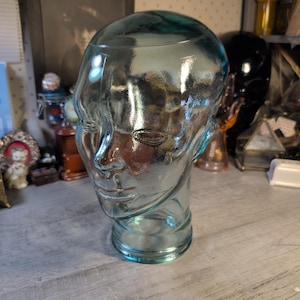 Vintage blown glass mannequin head light blue glass hat display mannequin head