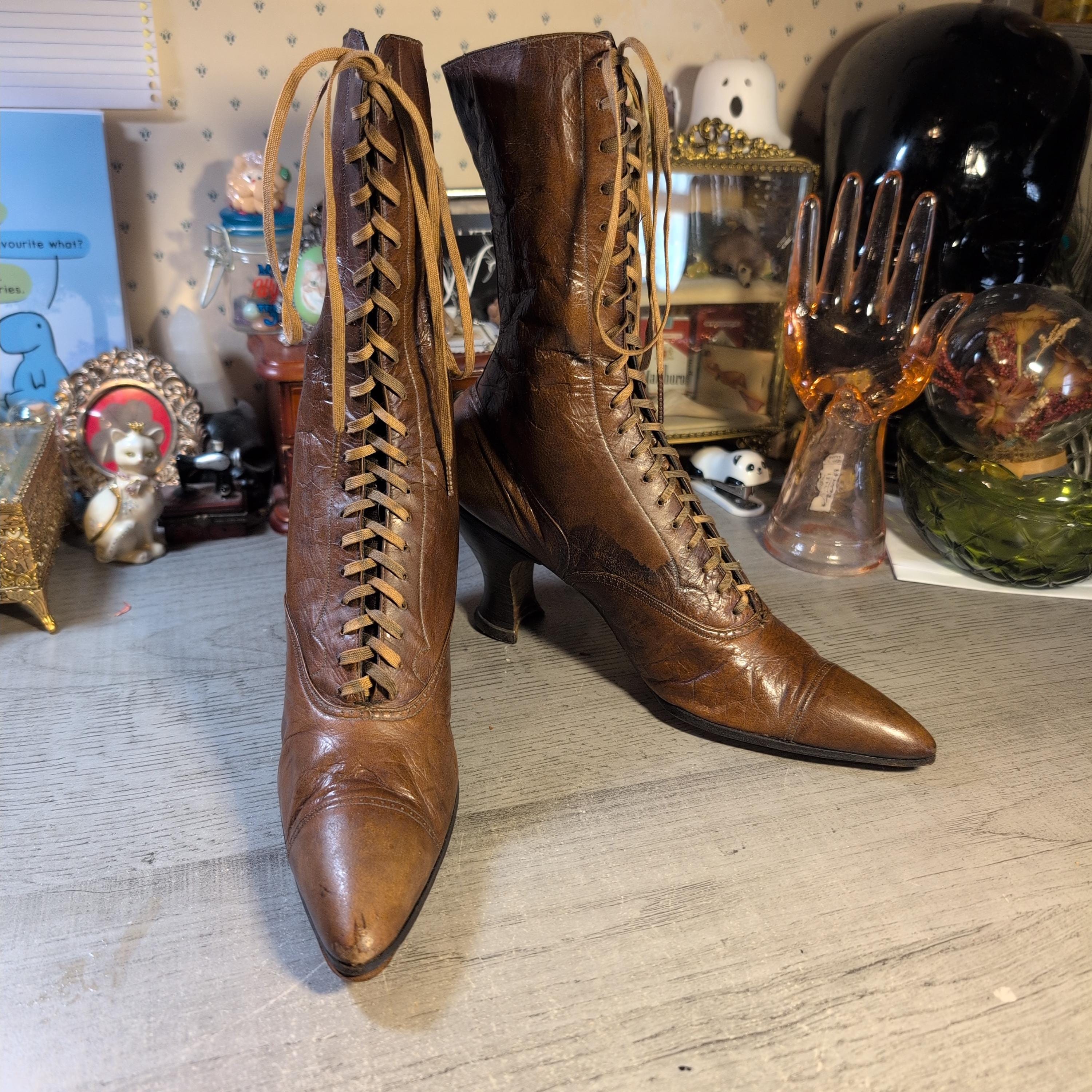 Antique Victorian Era Boots Restored Leather Shoes Laced up