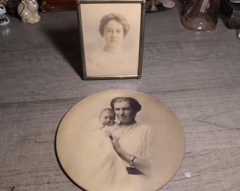 Set of two antique photos mother and baby young woman turn of the century photography 1900-1910s picture frame and metal disc