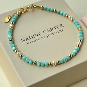 Turquoise mother of pearl and freshwater pearl beaded bracelet - Pastel Colour - Gold