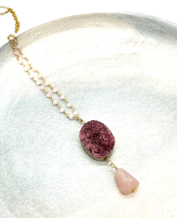 Druzy Cherry Quartz Necklace with Rose Quartz