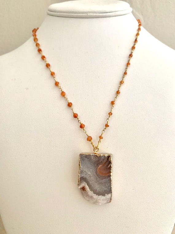 Druzy Necklace  Agate Druzy Pendant Necklace with Carnelian Rosary Chain