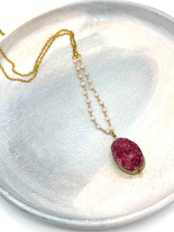 Druzy Cherry Quartz Necklace with Rose Quartz