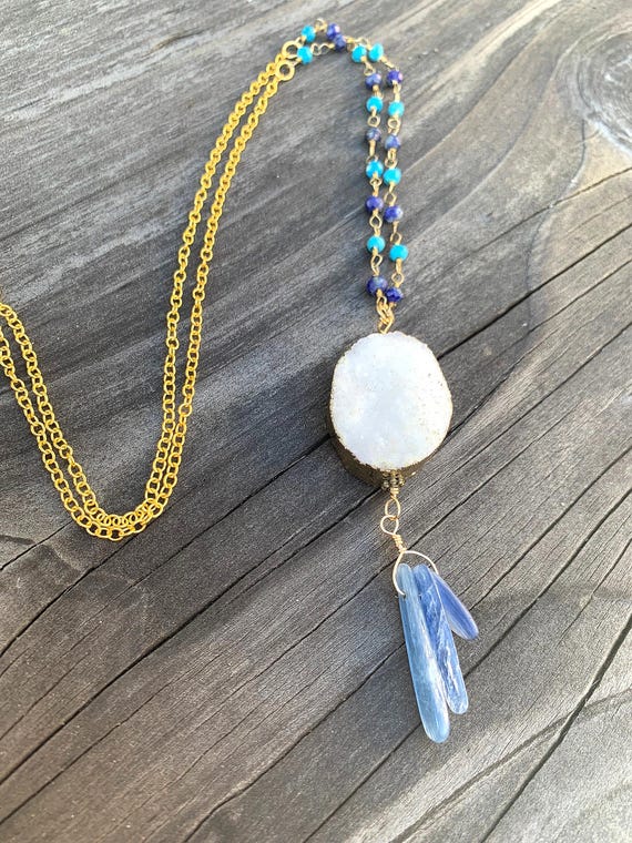 Druzy Quartz and Kyanite Necklace