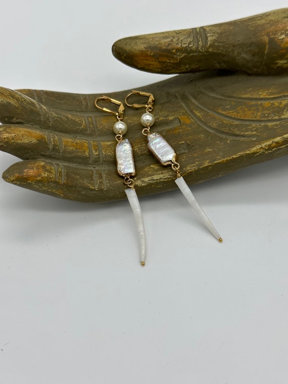 Pearl and Dentalium Gold Dangle Earrings