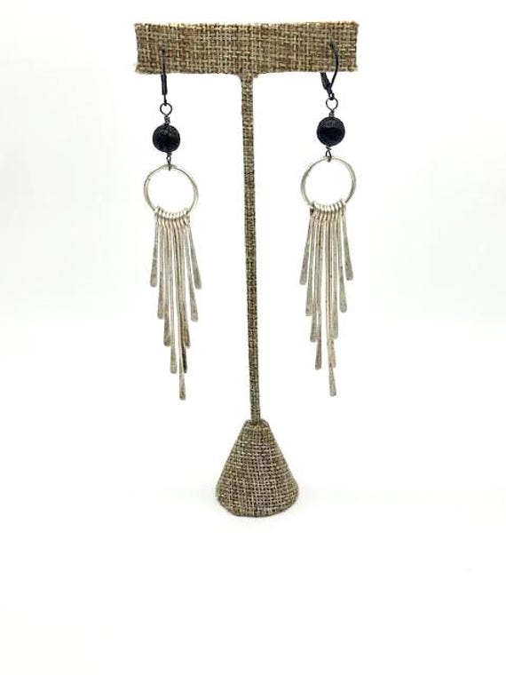 Long Silver Dangle Earrings with Lava Stone