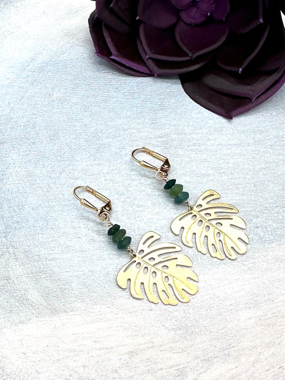 Monstera Leaf Earrings . Beach glass Monstera Leaf Earrings
