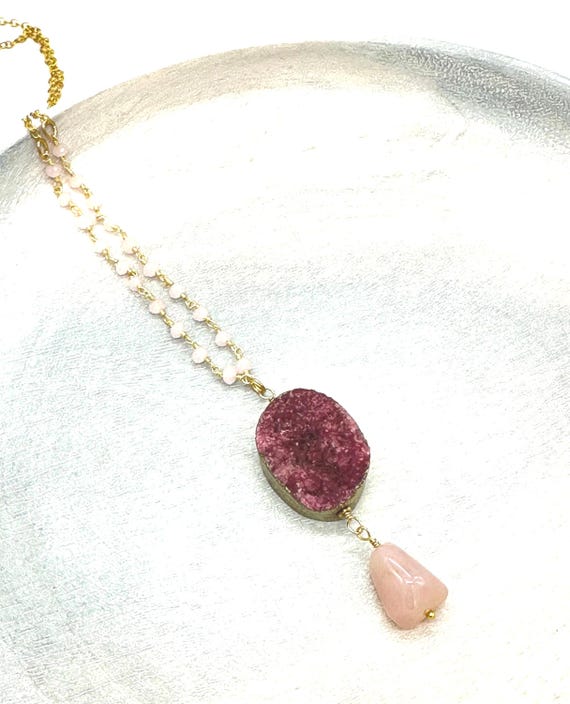 Druzy Cherry Quartz Necklace with Rose Quartz