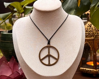 bronze peace sign necklace • bohemian hippie jewelry • handmade • cord necklace •
