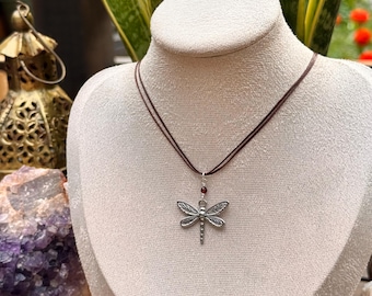 Silver dragonfly, gemstone cord necklace • double strung • stainless steel charm and clasp • waterproof • handmade • garnet