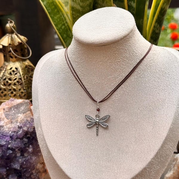 Silver dragonfly, gemstone cord necklace • double strung • stainless steel charm and clasp • waterproof • handmade • garnet