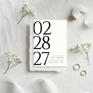 Plantilla minimalista para guardar la fecha / Tarjeta de boda moderna y llamativa / Invitación de Canva en blanco y negro / Editable e imprimible con foto en el reverso