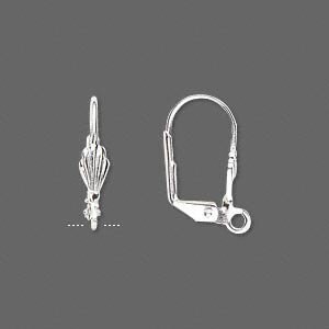 May include: Silver earring hook with a decorative design. The hook is open and has a small loop at the end.