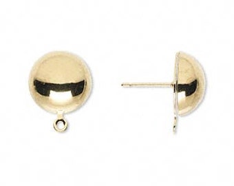 10 Gold-plated 12mm Half-ball Earring Post Findings with Loop for Dangles and Drops