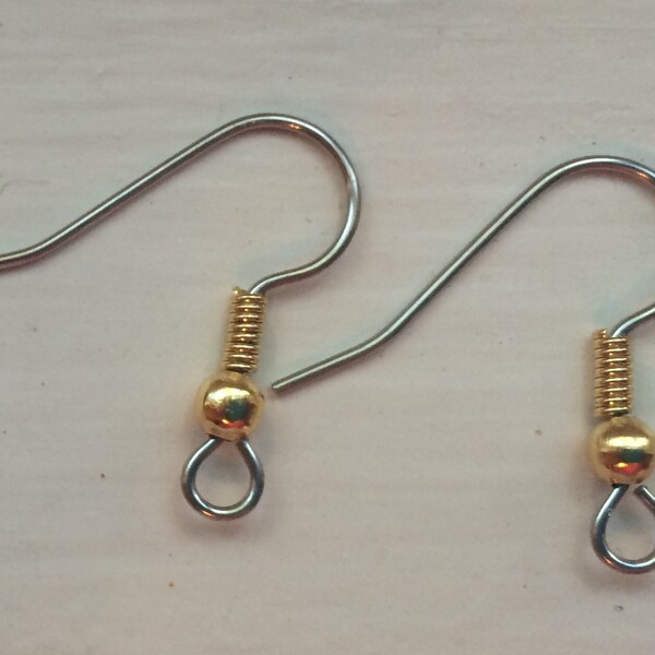10 stainless steel and gold-plated earwires, 21 mm flat fishook with 3mm ball and 4mm coil with open loop, 21 gauge.
