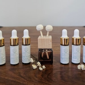 May include: A set of ten 10 ml amber glass bottles with gold lids and white droppers, filled with essential oils. The bottles are labelled with the brand name "Earthly Extracts" and the name of the essential oil. The bottles are arranged in a row on a wooden surface, with a wooden diffuser in the centre.