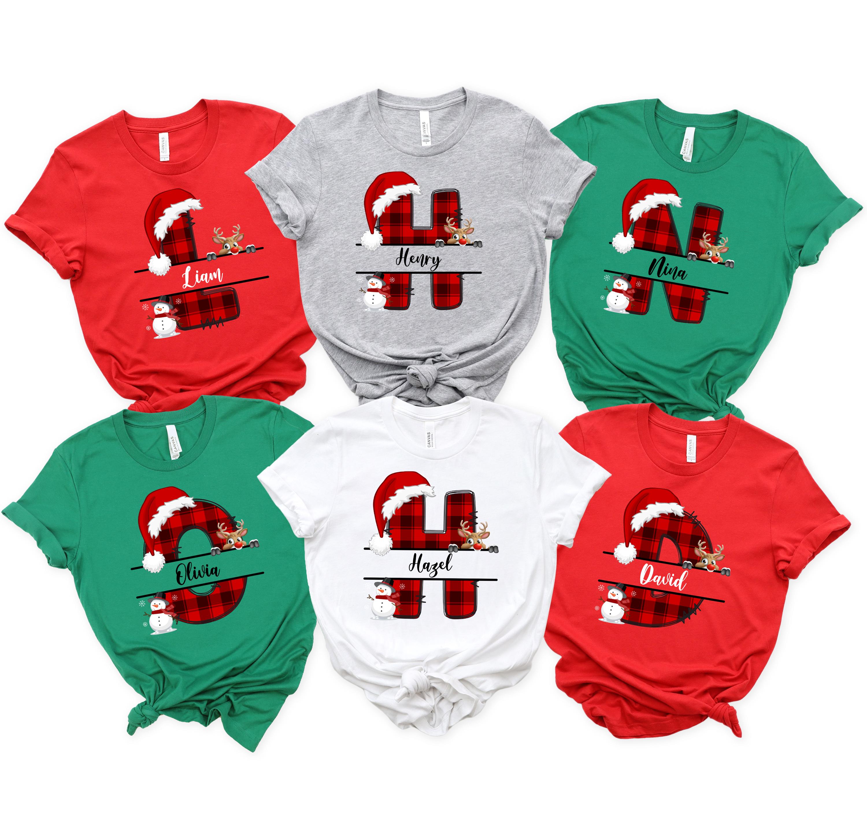 Discover Custom Name Letter Christmas Shirt Personalized Red Plaid Christmas Custom Name Shirt Holiday Family Matching Tee