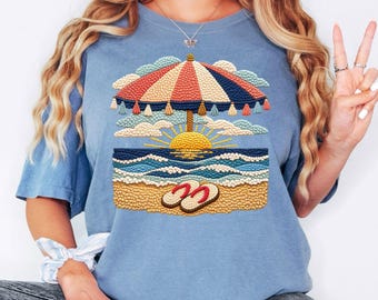 Comfort Colors® Beach Sunset Shirt, Coastal Summer Graphic Tee, Cute Ocean Vacation T Shirt, Tropical Womens Top, Print Only — Not Yarn