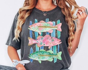Comfort Colors® Fishing Shirt, Bass Fish Graphic Tee, Cute Angler T Shirt, Lake Fishing Shirt For Women, Colorful Fish Summer Top