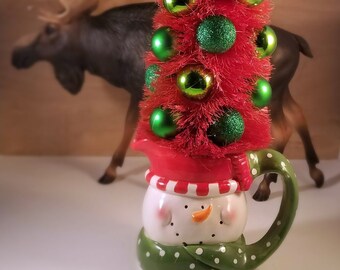 Bottle Brush Tree with Ceramic Snowman - upcycle - repurpose - winter - Christmas - Vintage Kitschmas - snowman decoration - green and red