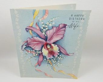 Vintage Unused Happy Birthday to my Wife Card - 1940s - NOS - purple orchid - lily of the valley -Unsigned - U - foreverSA