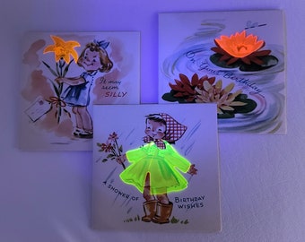 Trio of Vintage Unused Neon Plastic Birthday Cards - 1940s - NOS -Black Light Reactive - UV - Ultraviolet - water lilies - lily -daisy