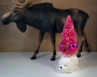 Bottle Brush Tree with Ceramic Dog - Kitschmas - puppy - white dog - cocker spaniel - repurpose - Christmas - pink balls - pink tree