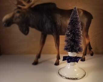 Navy Blue Bottle Brush Tree with Satin Bow - cake stand base - navy & sliver - upcycle - repurpose - white/silver - Christmss - vintage