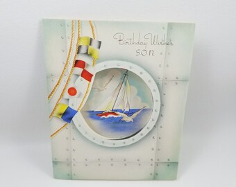 Vintage Unused Nautical Happy Birthday Son Card - Embossed - 1940s - NOS - Porthole - Sail Boat - Beach - Ship - Semaphore -Unsigned - USA