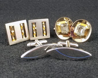 Trio of Mid Century Cufflinks Sets - Anson - Shields - Hickok - Brass - Chrome - MCM - Smoky Topaz - French Cuffs - Dapper - Prom - Wedding