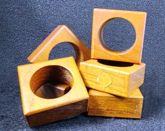 Otagiri Teak Square Napkin Rings - Set of Six - MCM - Japan - In Box - OMC Japan