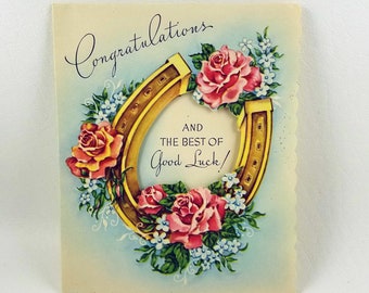 Vintage Unused Congratulations Good Luck Card - embossed - peekaboo- 1940s - NOS - lucky horseshoe -Unsigned - USA - roses - forget-me-nots