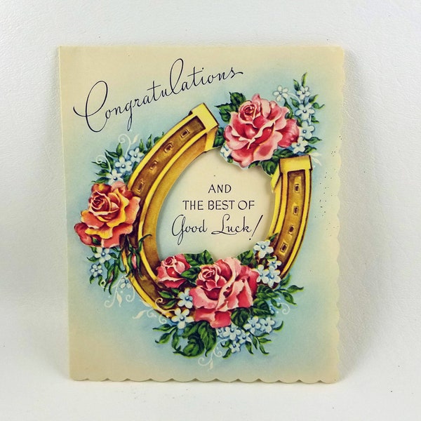 Vintage Unused Congratulations Good Luck Card - embossed - peekaboo- 1940s - NOS - lucky horseshoe -Unsigned - USA - roses - forget-me-nots