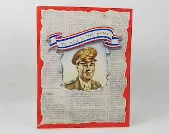 Vintage Unused WWII To You In The Army Card with Return Card - Red White Blue - Allied Forces - US Army - embossed - Card in a Card