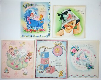 Lot of Vintage Unused Baby Greeting Cards - 1940s - NOS - Ephemera - Baby Congratulations - Keep In Touch - Flocked - glitter - USA embossed