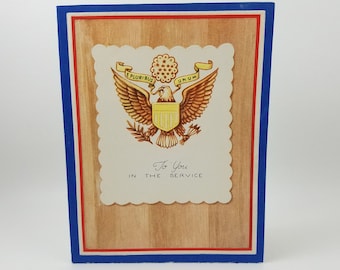 Vintage Unused WWII To You In The Service Card with Return Card - Red White Blue - Allied Forces - US Armed Forces  - embossed