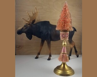 Pink Bottle Brush Tree with Gold Glass Glitter Ornaments - candlestick - tassle - upcycle - repurpose - winter - Christmas - vintage -
