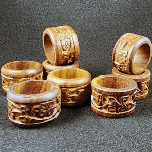 Vintage Hand Carved Wood Napkin Rings Set Of 6 Floral Brown India