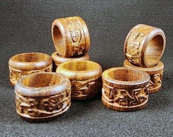 Vintage Hand-carved Rosewood Napkin Rings from India - Floral Carving - Set of 8 - Boho Napkin Rings - Eclectic Maximalist Tableware