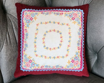 Adopt-a-Doily Linen Rescue - Repurposed Vintage Linens, Rescued Fabrics - Throw Pillow Cover - Upcycle - Reimagined - Handkerchief - floral