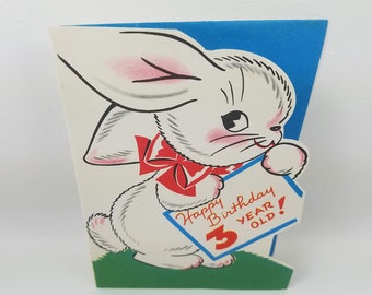 Vintage Unused 3rd Birthday Card - 1940s - NOS - white bunny rabbit - bunny with red bow - gayest birthday -Unsigned - USA