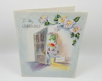 Vintage Unused Elephant Grandchild Birthday Card - Embossed - 1940s - NOS - Elephant in a hat - carefree and gay - hello -Unsigned - USA