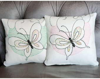 Adopt-a-Doily Linen Rescue - Repurposed Vintage Linens, Rescued Fabrics - Throw Pillow Cover Pair - Reimagined -Vintage Embroidery-Butterfly