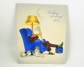 Vintage Unused Happy Birthday Uncle Card - 1940s - NOS - tobacciana - Unsigned - USA - pipe smoking - weird dad - midcentury birthday card