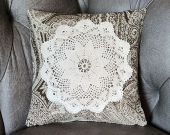 Adopt-a-Doily Linen Rescue - Repurposed Vintage Linens, Rescued Fabrics - Throw Pillow Cover - Reimagined - Doily - Paisley - snowflake