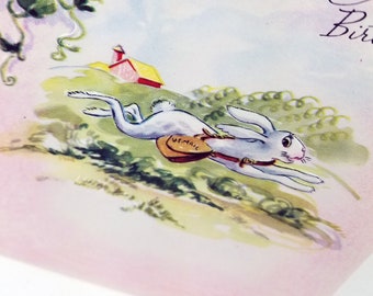 Vintage Unused Father Birthday Card - 1940s - NOS - US Mail - Postal - White Rabbit - Mail Rabbit - White bunny - embossed - -Unsigned - USA